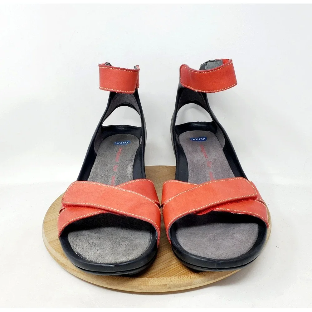 Wolky Era Wedge Sandals Womens 41 Red Leather Black Adjustable Ankle Strap Shoes